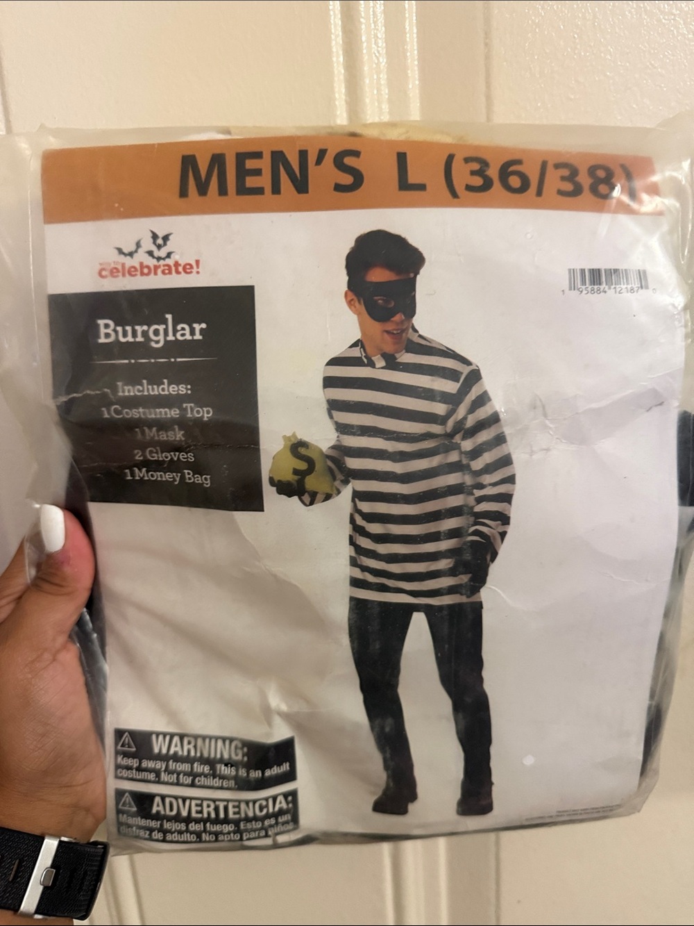 Menβs Burglar Costume Top & Mask - Black/White Stripe, L
